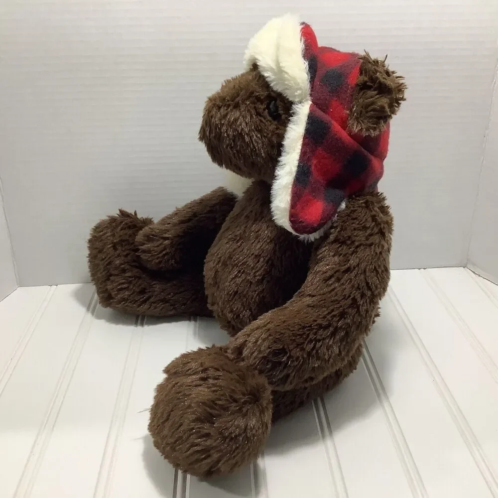 J Bear Jo-Ann Fabric 12” Plush Stuffed Brown bear red Plaid Hat sitting 2017